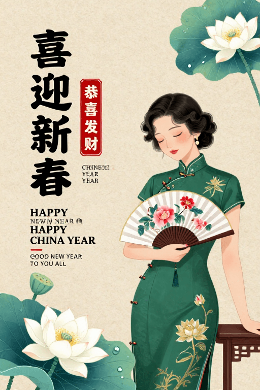 春节贺岁素材：新中式春节贺岁海报：温婉女性与古典意境融合