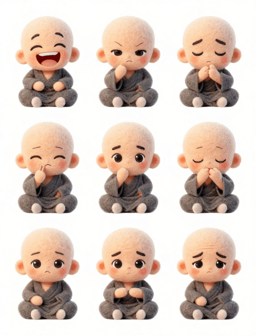 纯白背景素材：毛毡小佛祖萌系表情集：纯白背景下的Q版趣味瞬间