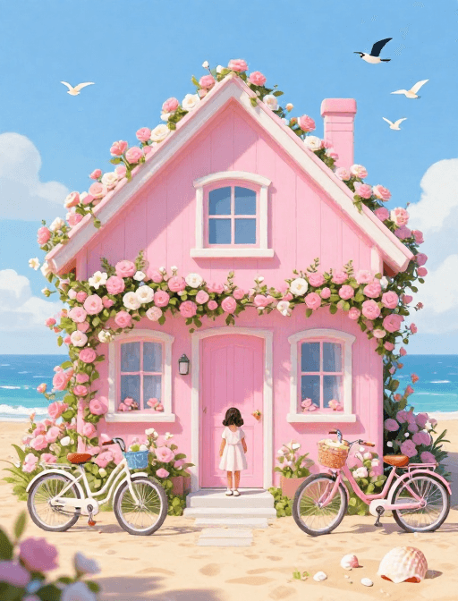 童话氛围素材：粉色梦境：海边花屋与天使女孩的治愈时光
