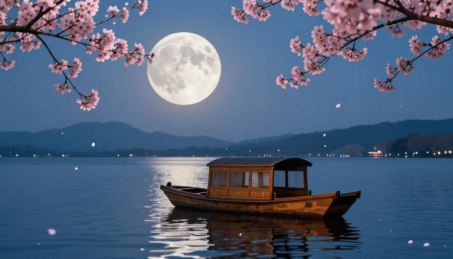 摄影级质感素材：满映樱花·静谧月夜湖景