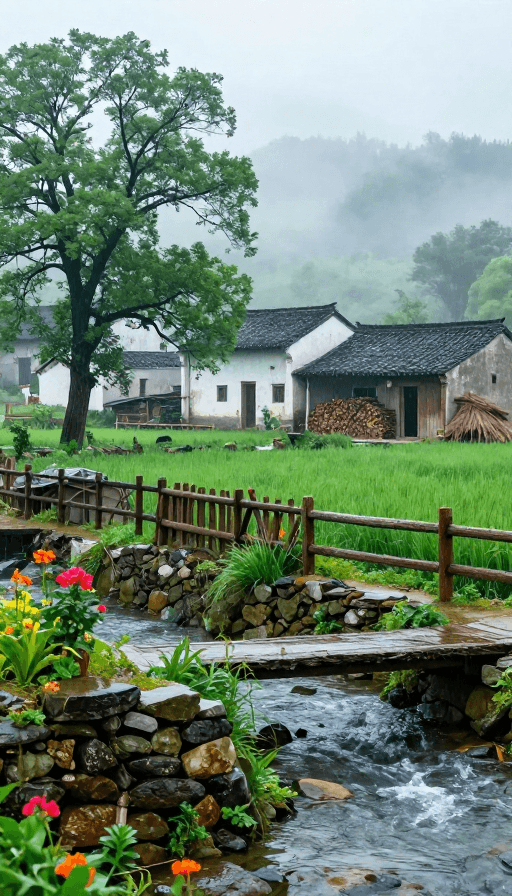 高清风景素材：春雨润古村：8K高清写实中国农村晨景