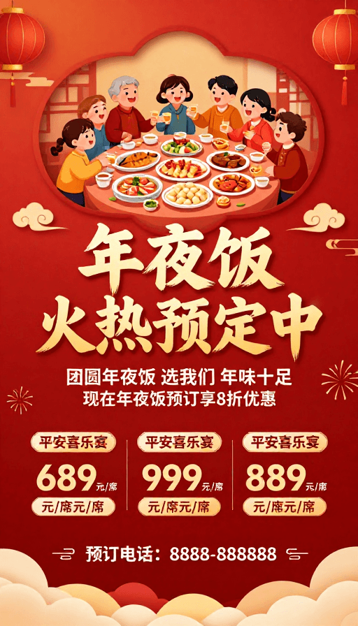 年夜饭素材：喜庆中国风团圆年夜饭火热预定海报