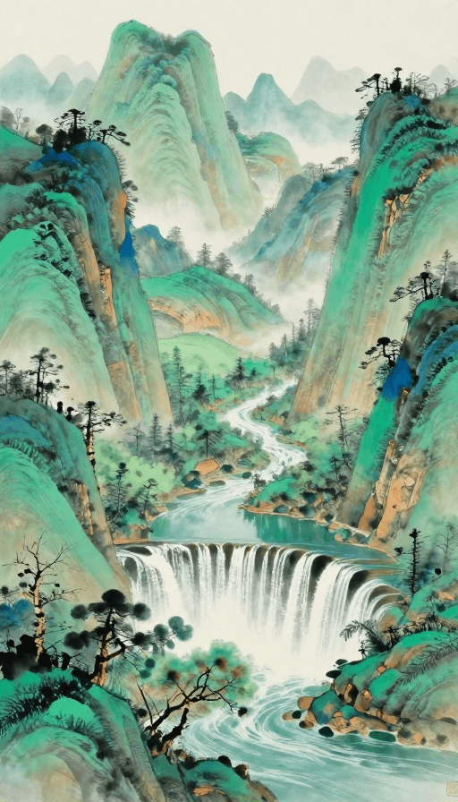 艺术创作素材：敦煌色浸染·小七孔水墨山水画卷