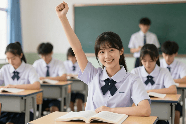 校服特写素材：青春校园风采：自信少女的笑脸定格