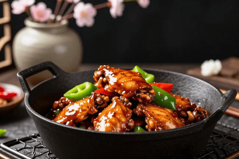 中式美食素材：暖光红烧鸡翅：精致中式美食摄影