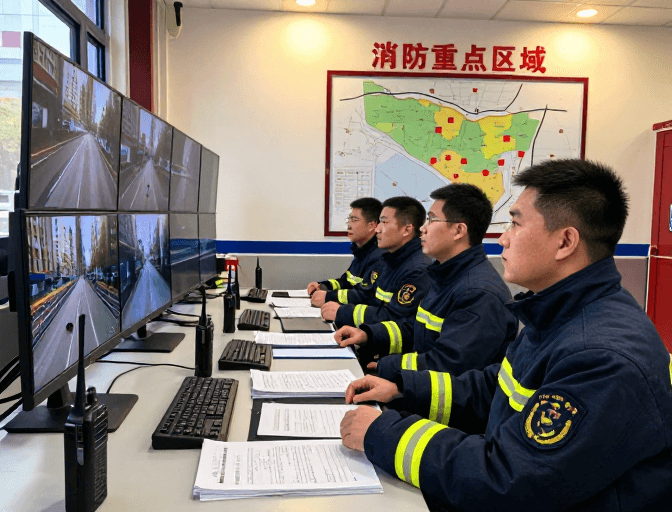 城市安全素材：深蓝制服消防员专注守护城市安全
