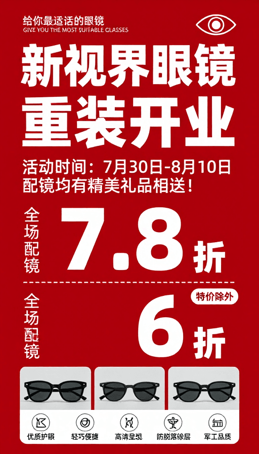 红色主题素材：新视界眼镜重装开业促销海报