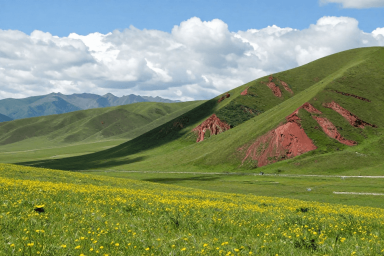 草原景观素材：翠绿草原与红岩山脉的壮丽风景摄影