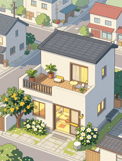 二次元插画素材：治愈田园：现代农家小院与街区全景的二次元治愈插画