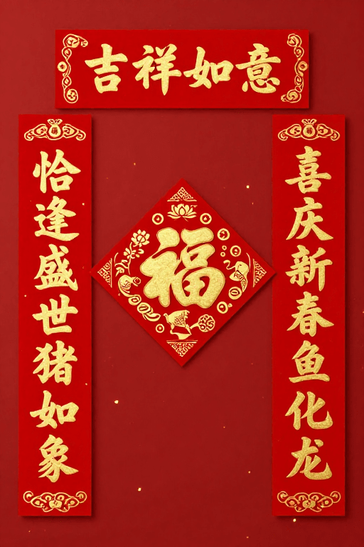 喜庆风格素材：典雅中国风春节对联设计，正红烫金彰显吉祥富贵