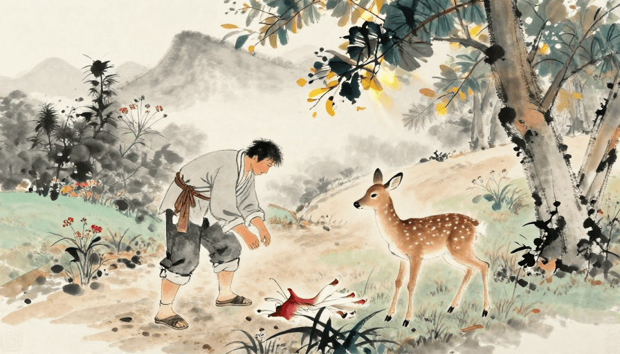 人文关怀素材：山间水墨：农夫救助受伤小鹿的温馨瞬间