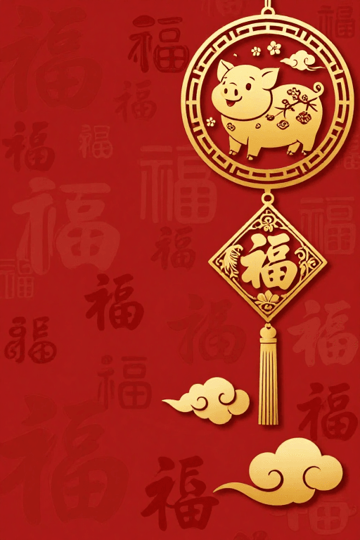 福气文化素材：新春福运 金红中国风插画背景图