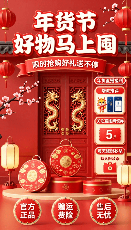 中式设计素材：喜庆中国风年货节促销海报，红金配色节日仪式感