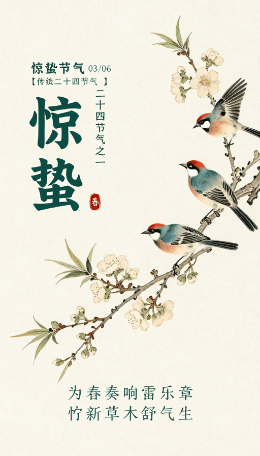水墨工笔画素材：惊蛰·春日水墨画卷：传统节气清雅意境海报