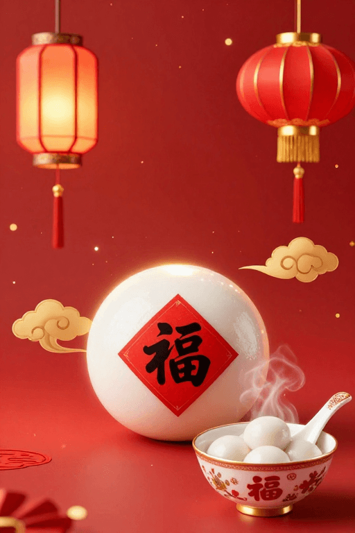 祥云图案素材：喜庆团圆：传统红金福字汤圆海报