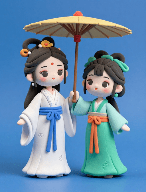 8K高清素材：黏土手绘Q版白娘与小青 古风8K插画