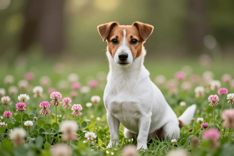 自然柔光素材：杰克罗素萌犬三叶草草地高清写真