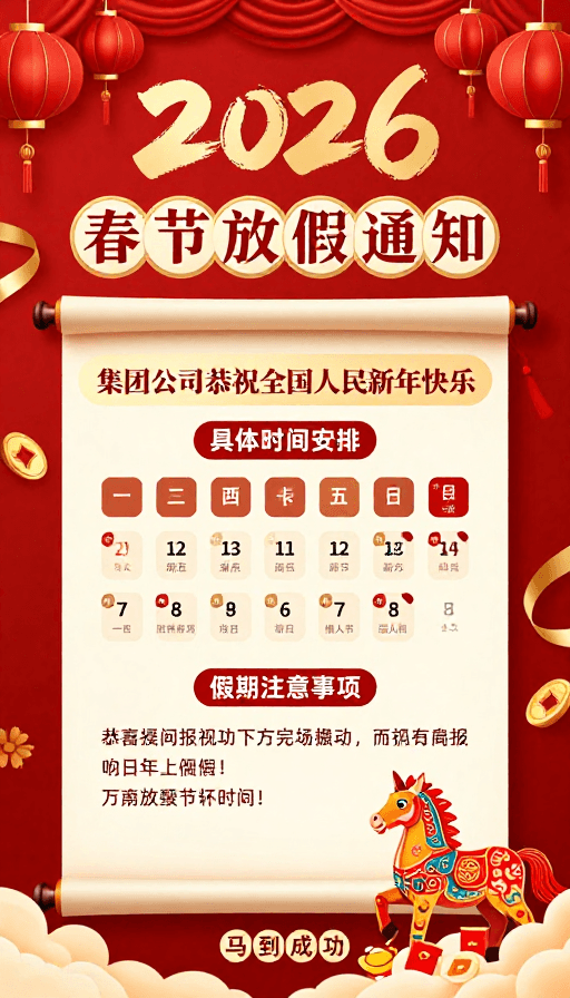 日历海报素材：2026春节放假通知：中式喜庆风格企业公告海报