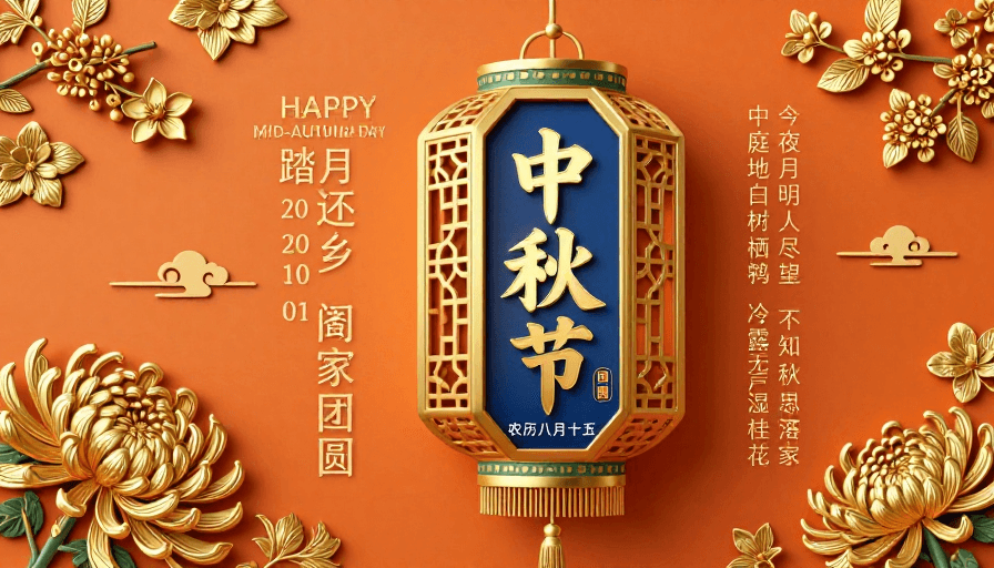 剪纸艺术素材：中秋宫灯暖橙海报：传统节庆艺术展示