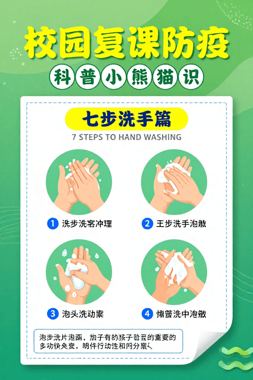 扁平化风格素材：校园复课防疫指南：七步洗手科普插画海报