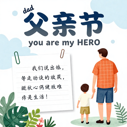 插画风素材：清新插画风父亲节海报，温情父子亲情设计