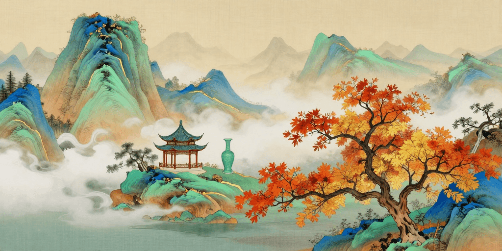 传统建筑素材：青绿山水秋意浓：传统与自然的融合之美