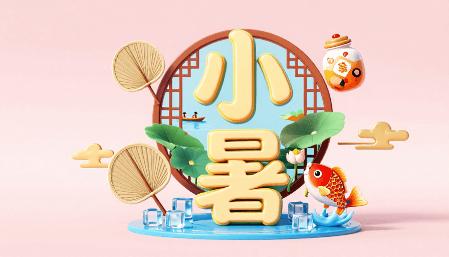 Q版角色素材：小暑3D立体贺图：积木字配蒲扇荷叶，Q版鲤跃出