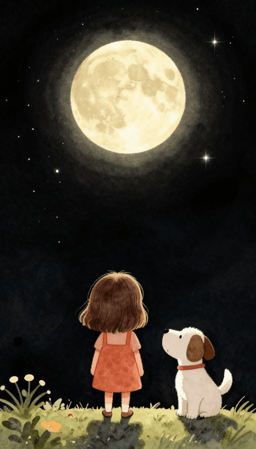 仰视构图素材：夏夜星空下的治愈瞬间：水彩风Q版绘本插图