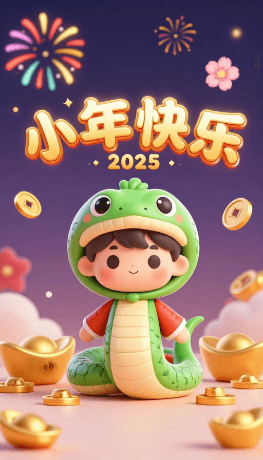 春节元素装饰素材：童趣新年祝福：2025快乐烟花樱花3D卡通渲染
