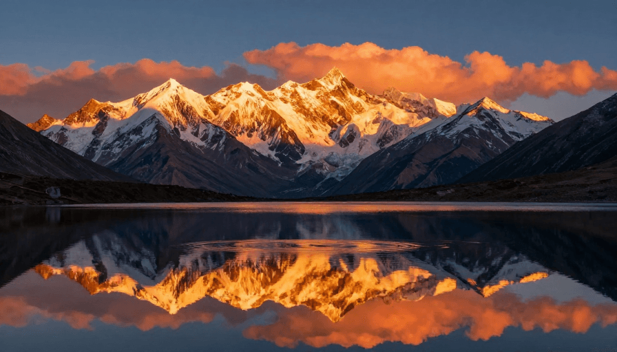 湖泊倒影素材：日出金光映照雪山湖泊的静谧美景