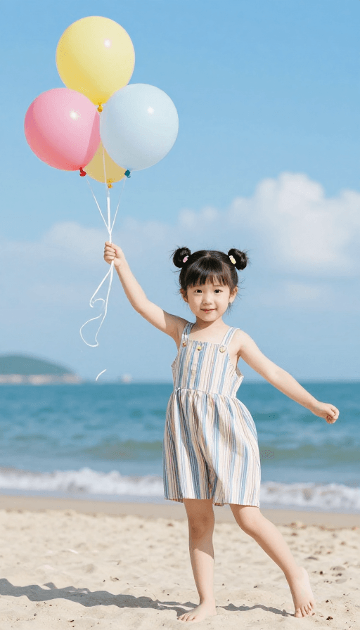 条纹背带裙素材：海边俏皮萌娃：双丸子头女童的灿烂笑容瞬间