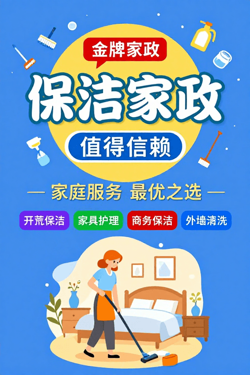 橙色女性角色素材：清新蓝黄配色家政服务宣传海报：专业可靠之选