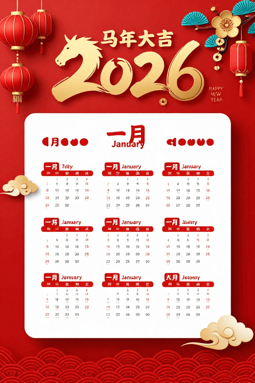 新年日历素材：2026丙午马年喜庆中国风新年日历海报