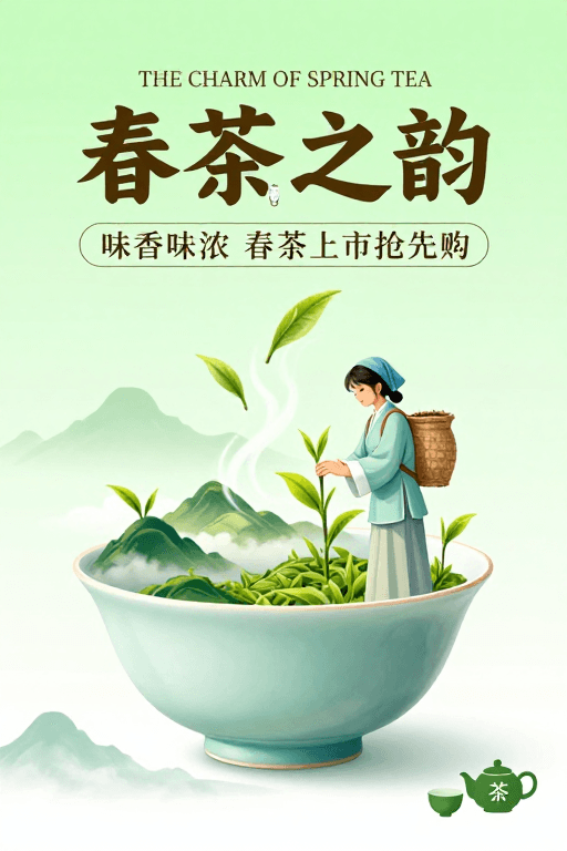 清新淡雅素材：清新春茶插画海报：中国风春茶上市宣传图