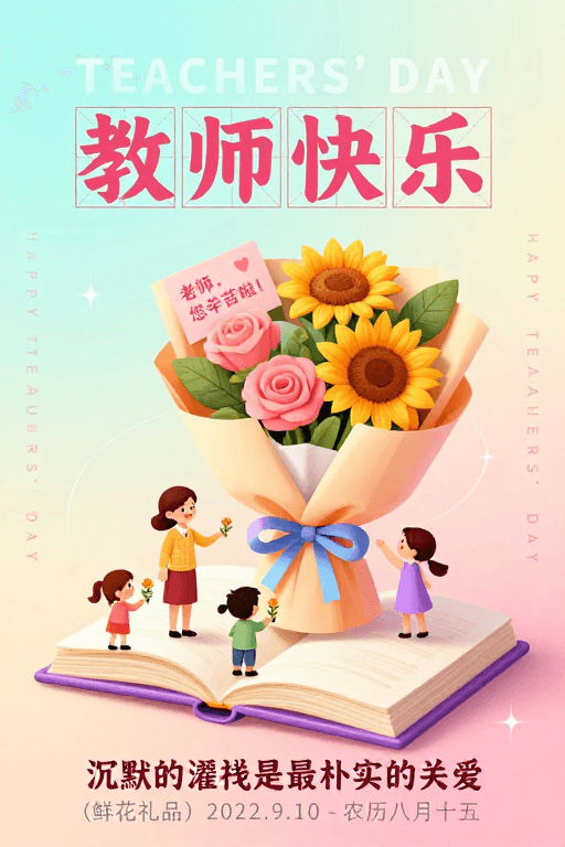 教师节主题素材：温馨手绘教师节：师生互动与花束赠礼