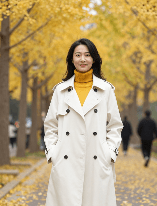 中国女性素材：秋日银杏道上的优雅中国女性
