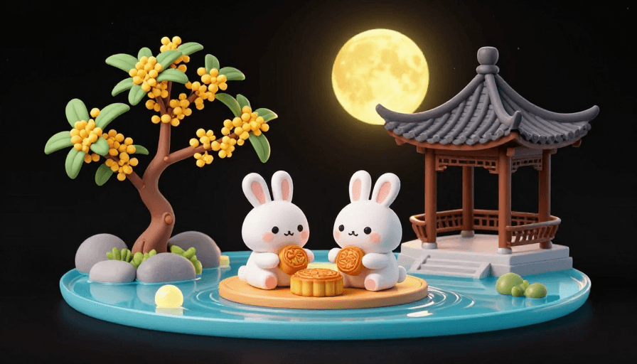 微缩模型素材：中秋童趣：兔子赏月亭景微缩3D卡通