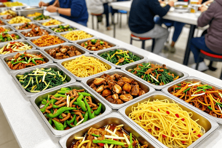 食堂美食素材：暖光中式盛宴：校园食堂高清美食实拍