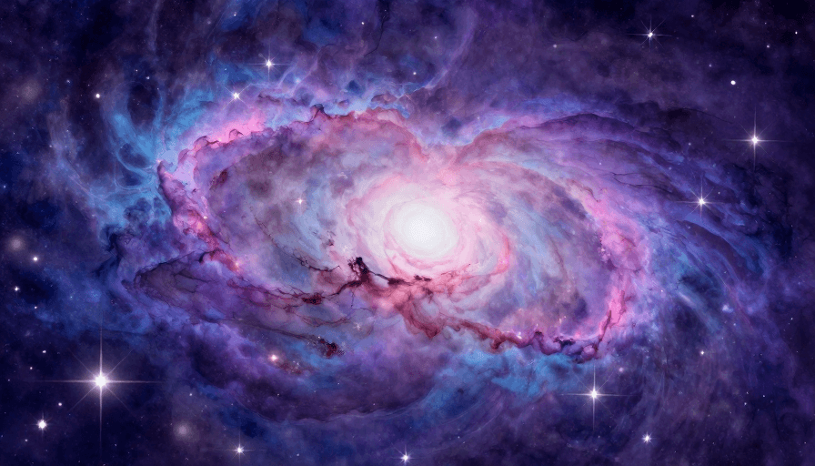 视觉留白素材：梦幻水彩螺旋星系：紫靛粉云气漩涡宇宙背景