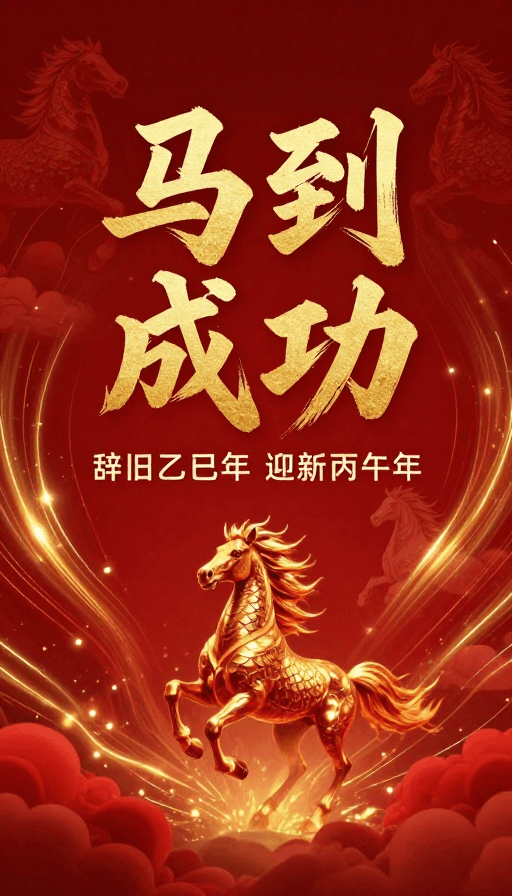 视觉冲击力素材：中国风新年海报：深红金配骏马奔腾喜庆热烈