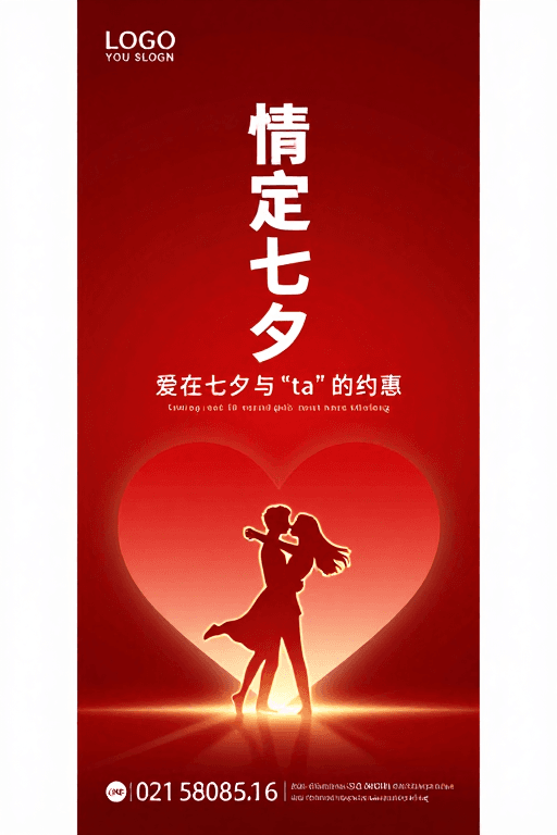 情侣剪影素材：红金渐变七夕浪漫海报：情定七夕与爱之约惠