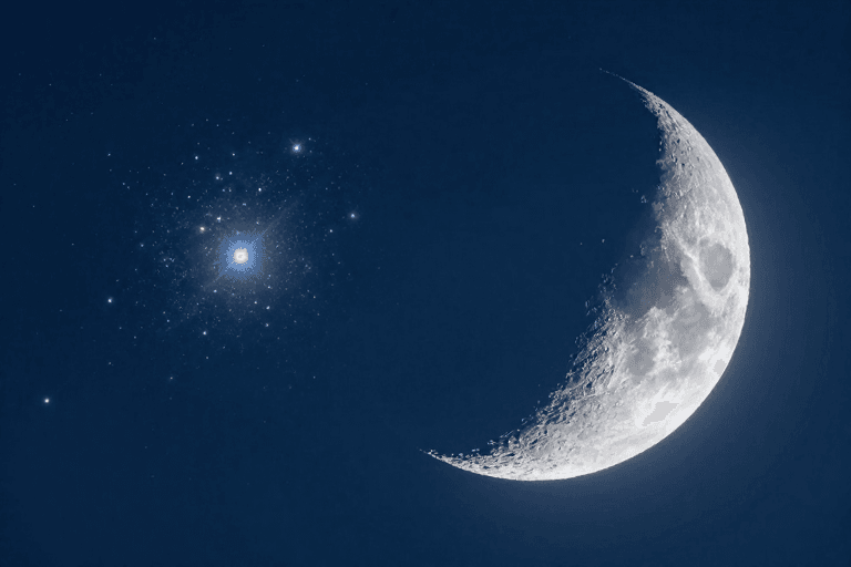 星空素材：深蓝夜空月牙与星团：深邃宇宙光影展现