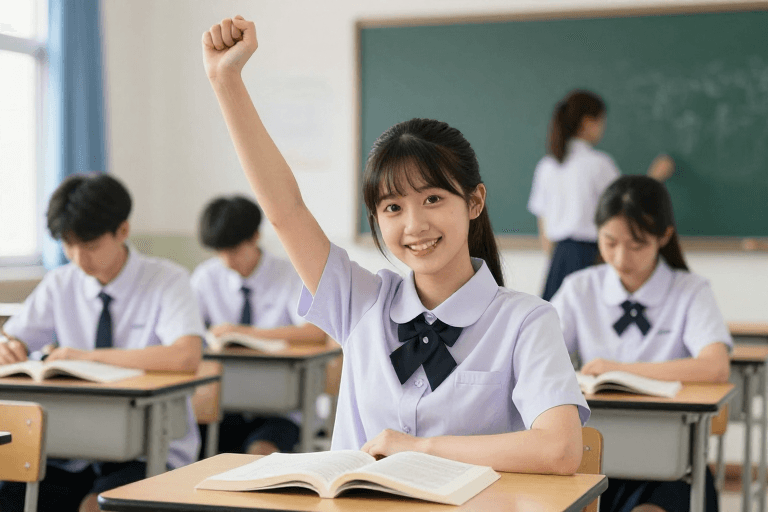 暖色调光效素材：青春活力：亚洲女高中生教室微笑瞬间