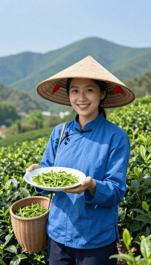 茶园风景素材：蓝衫斗笠茶女笑迎采茶客