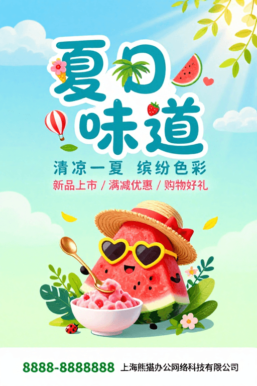 产品海报素材：清新夏日童趣海报：西瓜角色与促销优惠