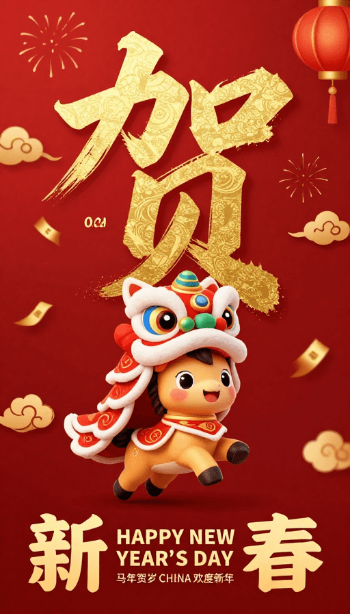 舞狮元素素材：2026新春中国风海报：金色‘贺’字与舞狮小马