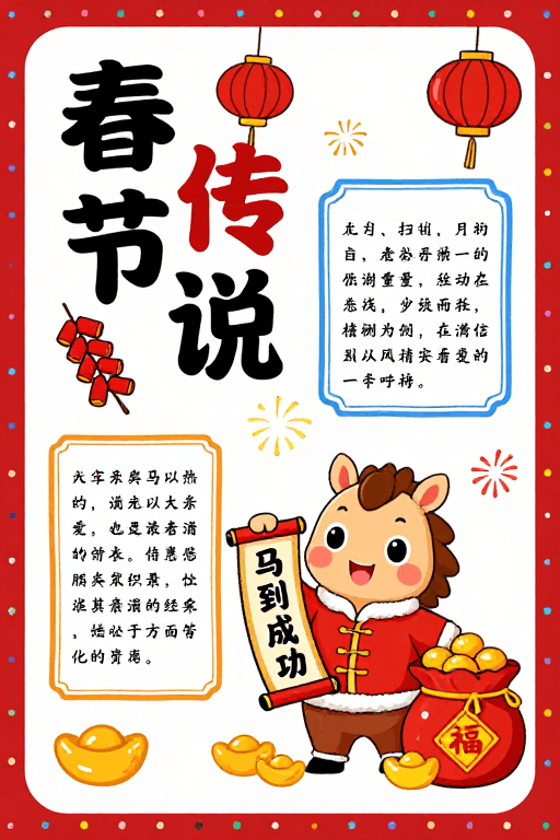 卡通形象素材：手绘春节传说海报：喜庆红金卡通马