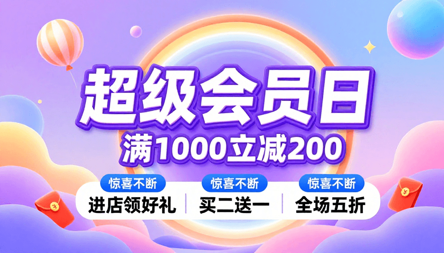 3D立体字素材：超级会员日梦幻渐变流体艺术海报