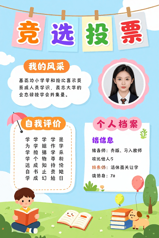 清新插画素材：清新童趣校园竞选投票宣传海报