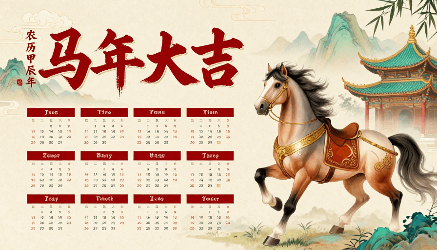 新中式插画素材：新中式国风马年大吉吉祥年历海报